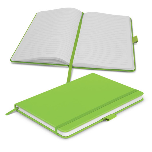 A green notebook with lined pages, featuring a flexible cover and a ribbon bookmark. It also has an elastic closure.