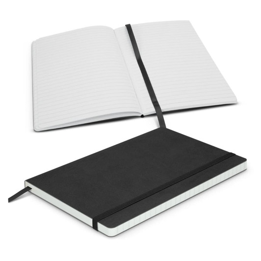 A black Hudson Notebook featuring a soft cover, blank pages, and a black elastic band closure.