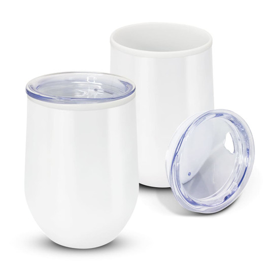 A drink bottle in white with a clear lid, featuring a sleek, modern design. One bottle is upright, and the other is laid down.
