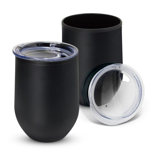 A drink bottle set in matte black, featuring two cups with clear lids, one cup shown with the lid removed.