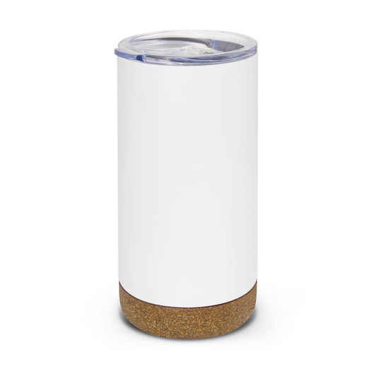 A drink bottle with a white body and a cork base, featuring a transparent lid and a logo.