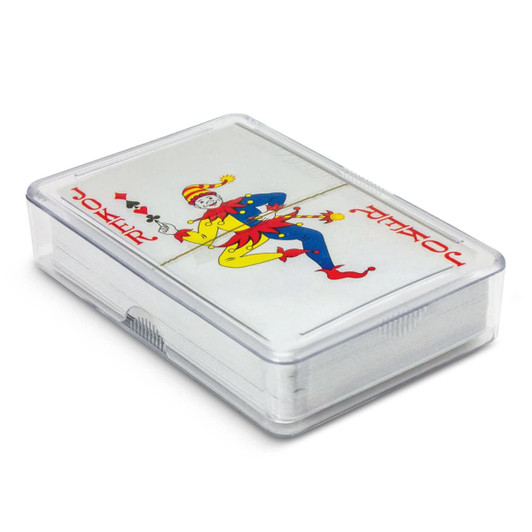 A clear plastic box containing Saloon Playing Cards with a colourful jester illustration on the front.
