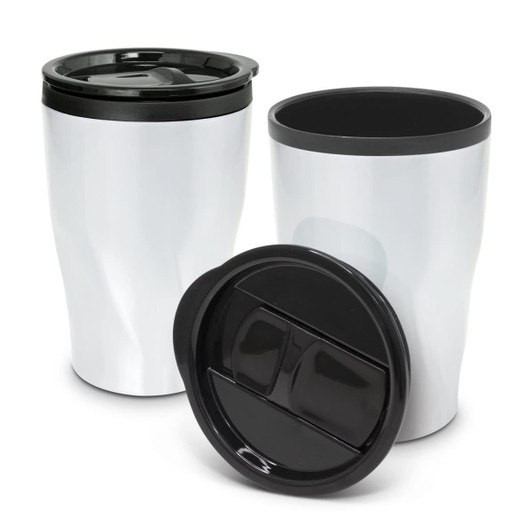 A silver coffee cup with a black lid, featuring a curved design and an inner compartment. It has a branding logo.