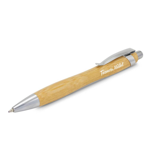 A bamboo pen with a silver clip and tip, featuring a branding logo. It has a natural wood finish.