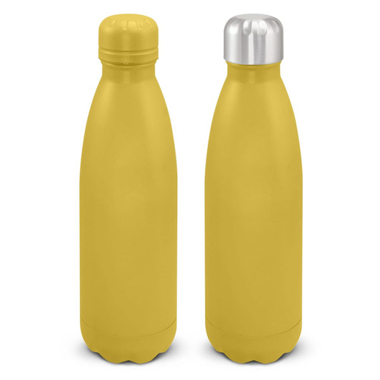A drink bottle set featuring two yellow vacuum bottles with a matte finish and metal caps. Each has a logo.