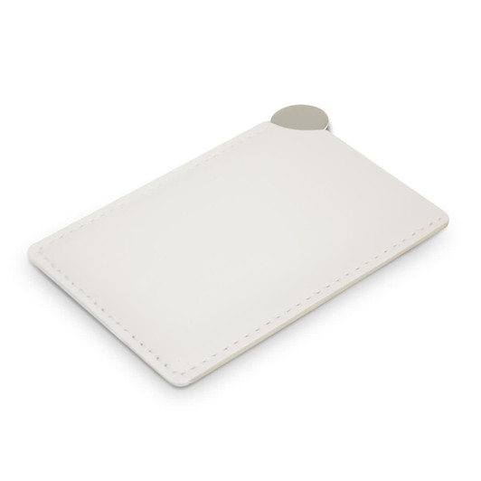 A white vanity card mirror with a smooth surface and rounded corner, featuring a metal accent.