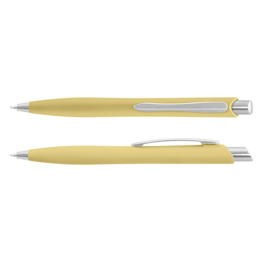 A yellow plastic pen with a silver clip and detailing. The pen features a sleek design and has a branding logo.