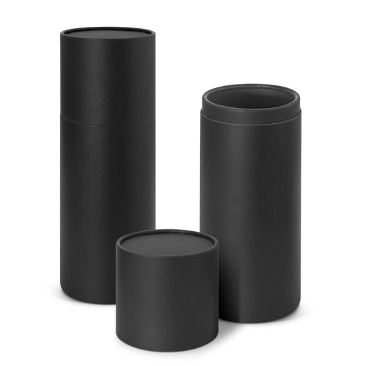 A drink bottle gift tube set in black, featuring three varying sizes and a smooth finish.