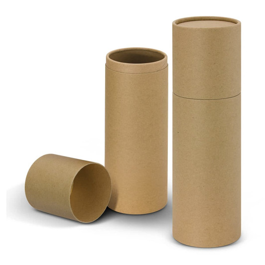 A drink bottle gift tube in brown cardboard, featuring three cylindrical tubes of varying sizes.