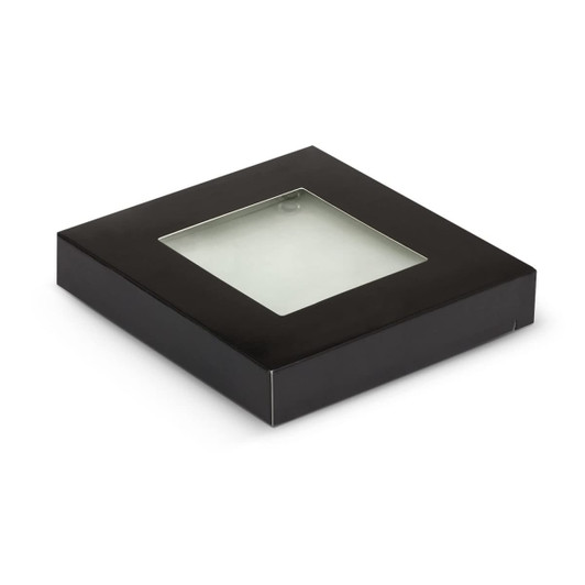 A square black box containing a transparent glass coaster set. The box has a viewing window to display the coasters.