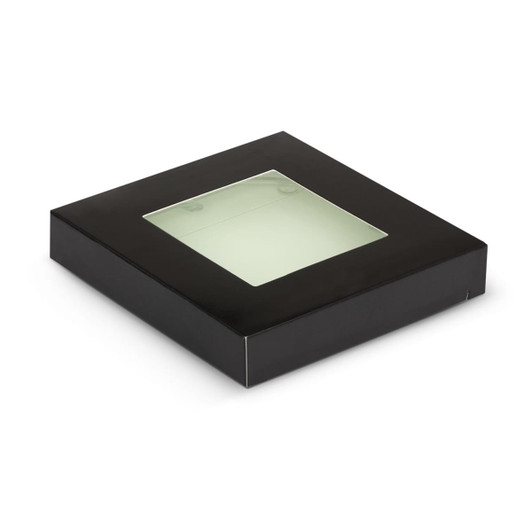 A black box with a transparent top, designed for packaging items like coasters.