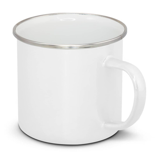 A white enamel mug with a silver rim and a handle, featuring a logo.