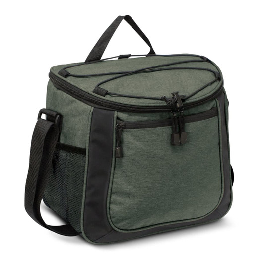A green cooler bag with zippered compartments, a sturdy handle, and a mesh side pocket. It features a logo on the front.