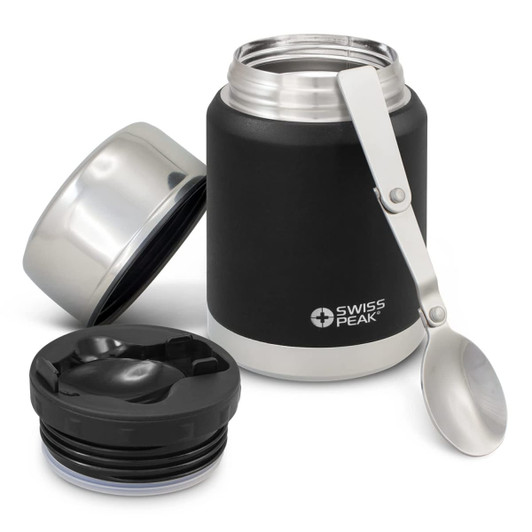A drink bottle in black and silver, featuring a spoon and a lid, with a branding logo.