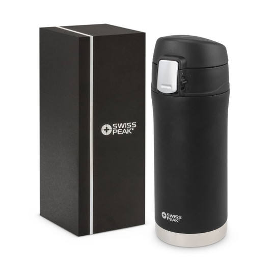 A drink bottle with a sleek black finish and a white base, accompanied by a stylish black box, featuring a logo.