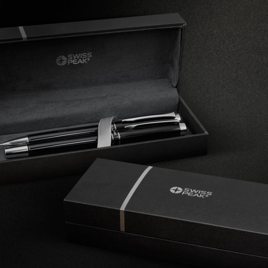 A metal pen set in a sleek black box featuring silver accents and a logo. The pens are predominantly black.
