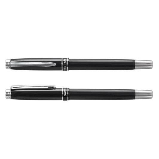 A sleek black metal rollerball pen with chrome accents, featuring a branded clip and a smooth finish.