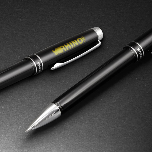 A metal ballpoint pen in black with a silver clip and accents, featuring a logo.
