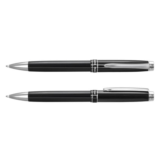 A black metal ballpoint pen with silver accents, featuring a branded clip and smooth writing action.