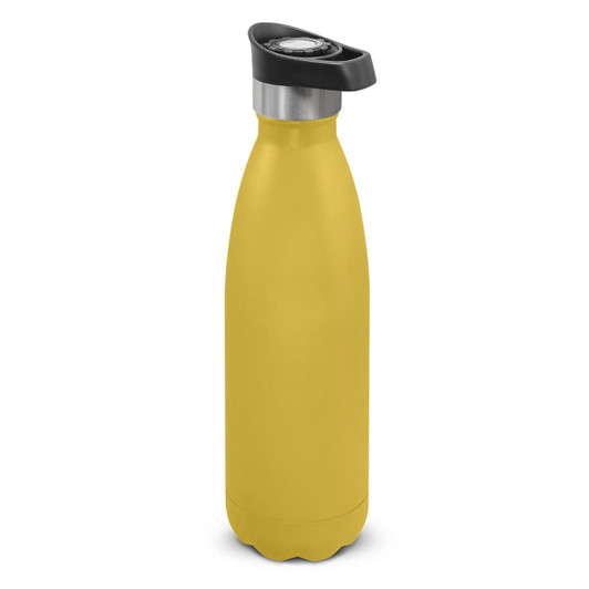 A drink bottle in bright yellow with a stainless steel lid and push button feature. Features a logo.