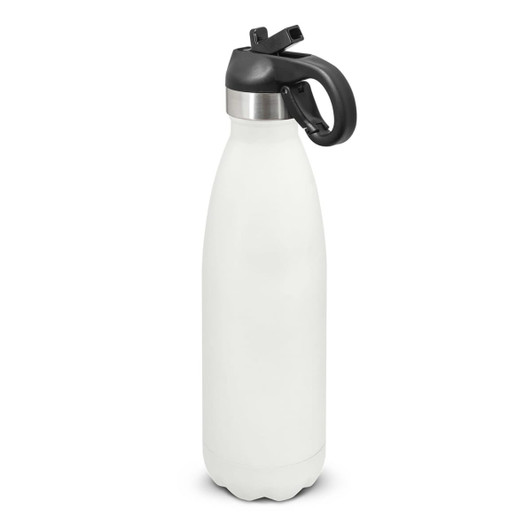 A drink bottle in matte white with a black flip lid and a stainless steel accent. It features a logo.