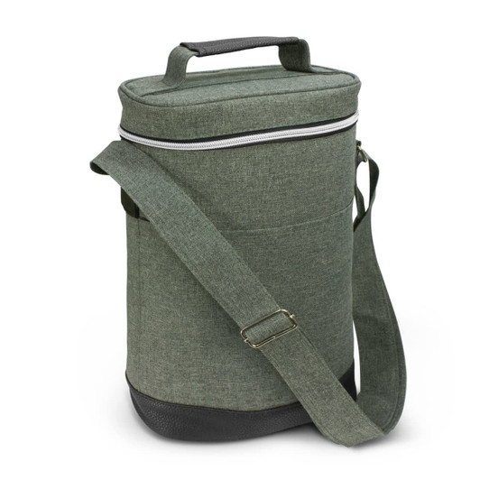 A drink bottle cooler bag in green fabric with a black base and adjustable shoulder strap, featuring a zippered closure and handle.