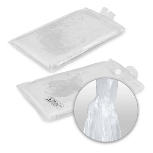 A transparent emergency poncho in a clear packaging, featuring a logo. The poncho is lightweight and waterproof.