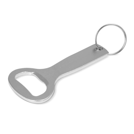 A drink bottle opener key ring in silver with a circular attachment for keys.