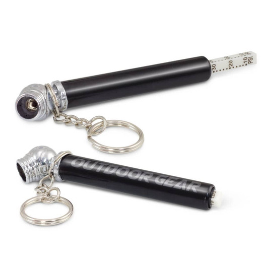 A black tyre pressure gauge key ring with a silver end, featuring a keyring attachment for convenience.
