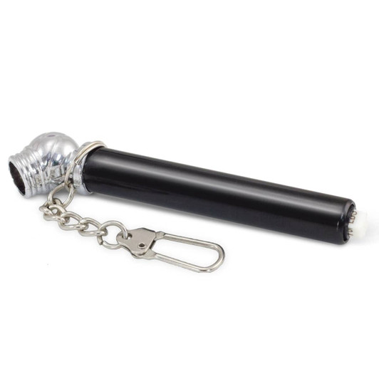 A black tyre pressure gauge key ring with a silver cap and a metal chain attachment.
