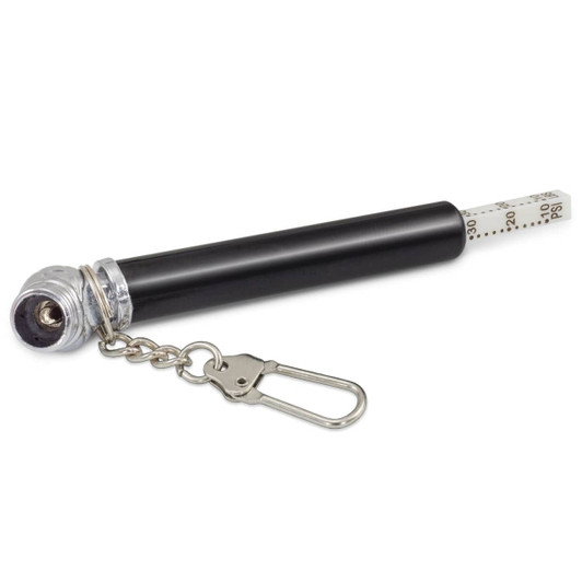 A black tyre pressure gauge key ring with a silver chain attachment and a measuring scale.