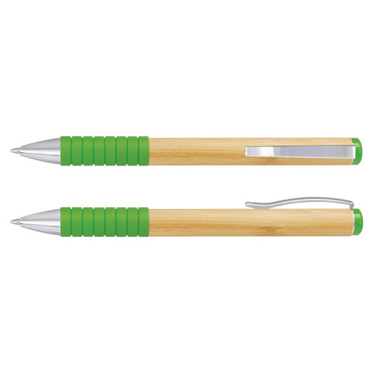 A bamboo twist pen with a green rubber grip and chrome accents, featuring a clip and retractable design.