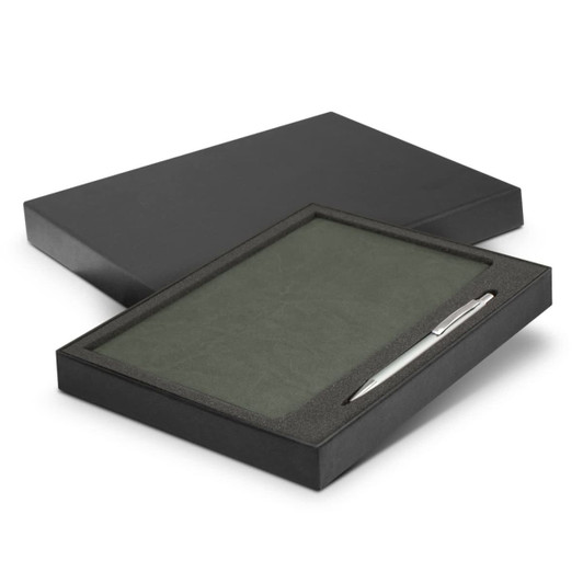 A green notebook and silver pen presented in a black gift box, perfect for office use.