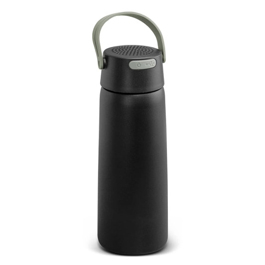 A drink bottle in black with a green handle, featuring a built-in Bluetooth speaker and a logo on the body.