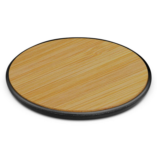 A bamboo wireless charger with a circular design and a black base, featuring a smooth wooden surface.