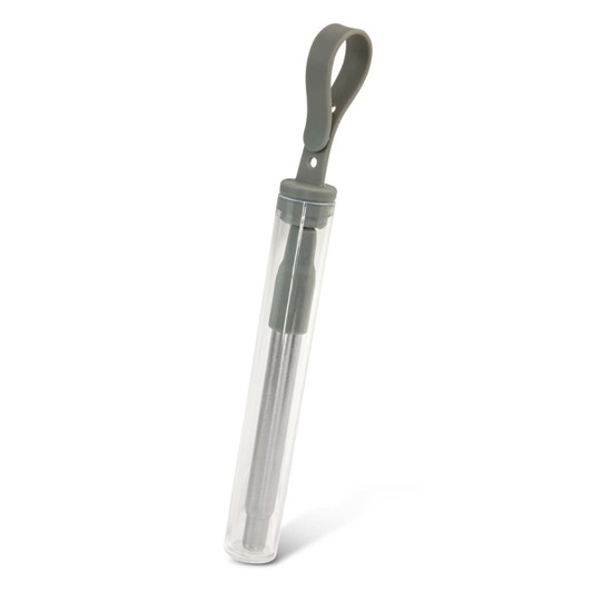 A telescopic straw in a transparent case with a grey clip. The straw has a metallic finish.