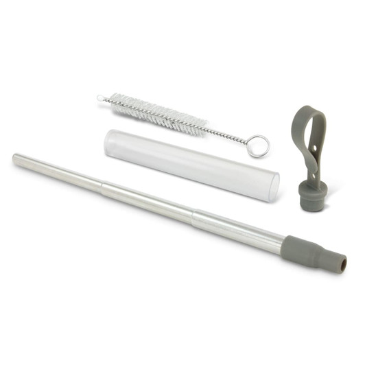 A telescopic straw in silver with a grey silicone tip, accompanied by a cleaning brush and a transparent case.