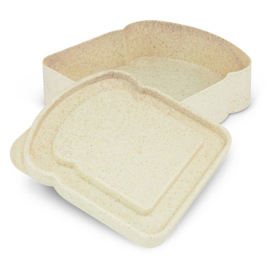 A light beige sandwich box in two pieces, featuring a unique bread-shaped design. It has a simple branding logo.