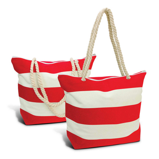 A red and white striped tote bag with rope handles, featuring a branding logo on the side.