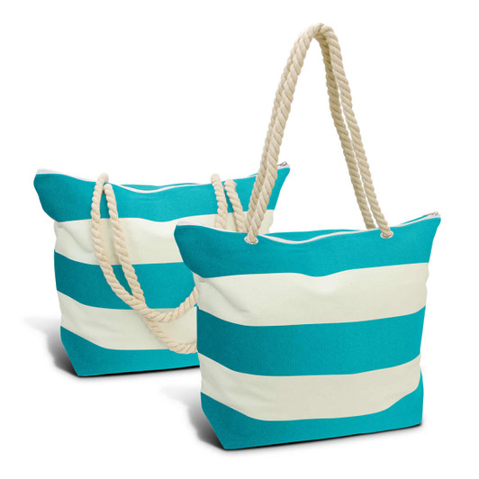 A teal and white striped tote bag with a rope handle, featuring two bags in the image.