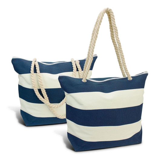 A navy and cream striped tote bag with rope handles, featuring a branding logo.