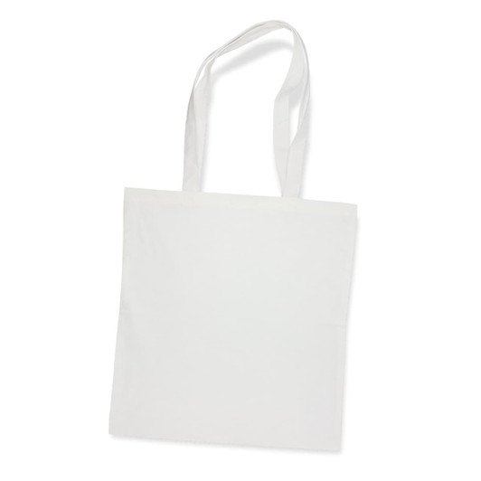 A white bamboo tote bag with two long handles and a minimalistic design. It features a logo.