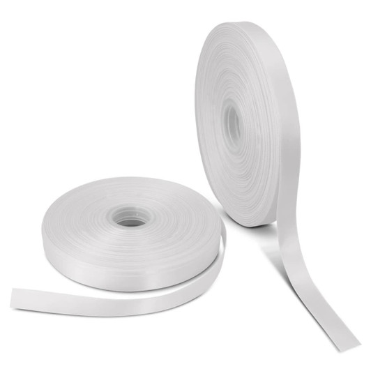 Two rolls of personalised ribbon, one wide and one narrow, in a glossy white colour. Both feature a logo or branding.