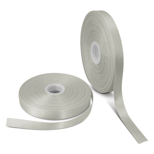 Two rolls of light grey personalised ribbon, each wound neatly on a spool, one partially unspooled.
