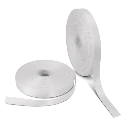Two rolls of personalised ribbon in white, one partially unspooled, featuring a smooth finish and a branded logo.