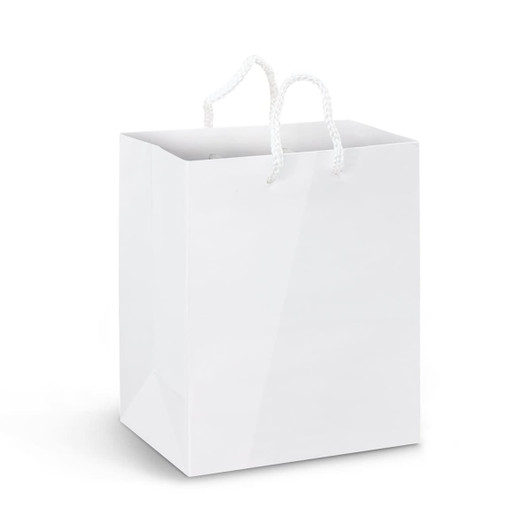A medium white laminated paper carry bag with white rope handles and a glossy finish.