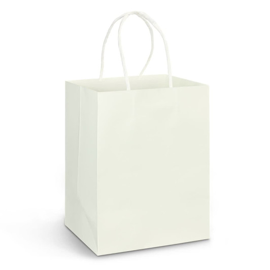 A large white paper carry bag with sturdy handles and a plain design.