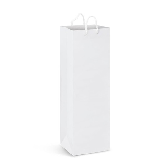 A white laminated paper wine bag with two white handles and a branding logo.