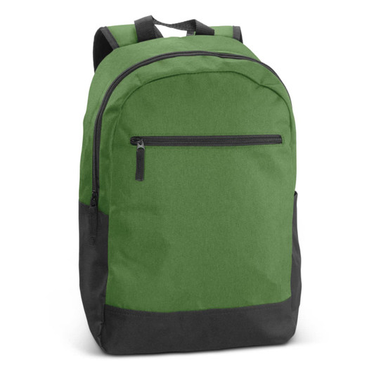 A green backpack with a black base and front zip pocket, featuring shoulder straps and a logo.