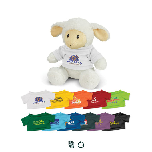 A plush sheep toy wearing a white shirt, surrounded by various coloured t-shirt designs in different hues.